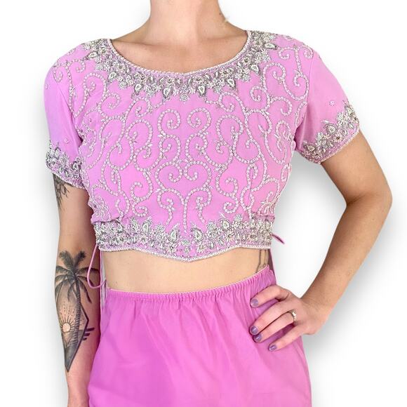 Vintage Tops - Baby Pink Barbie Embellished Sparkle Beaded Sequin Glitter Corset Tie Crop Top